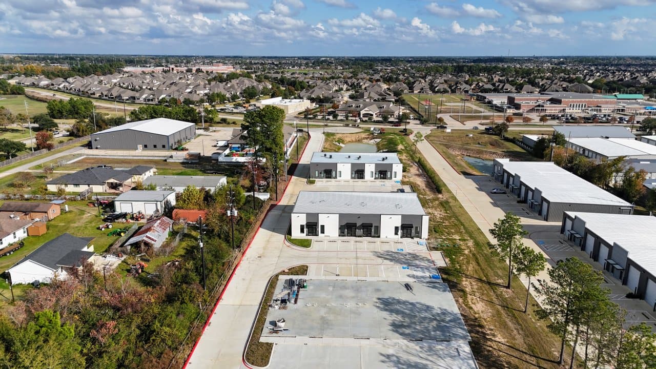 Aerial view of commercial warehouses managed by EC Property Managers in Houston